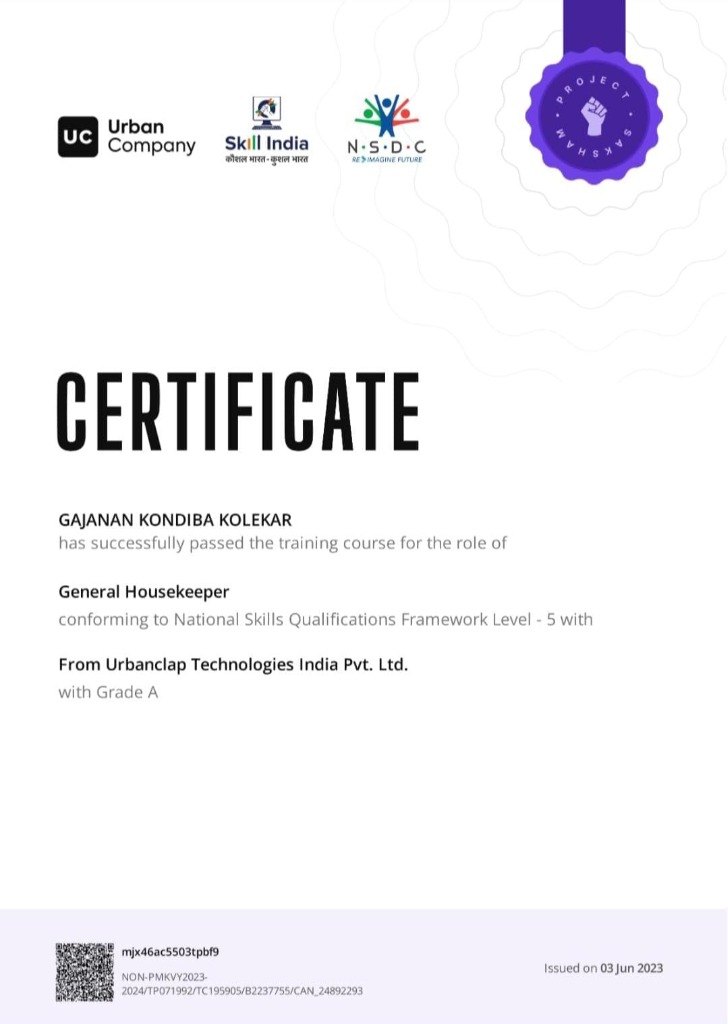 NSQF Level 5 Housekeeping Certificate